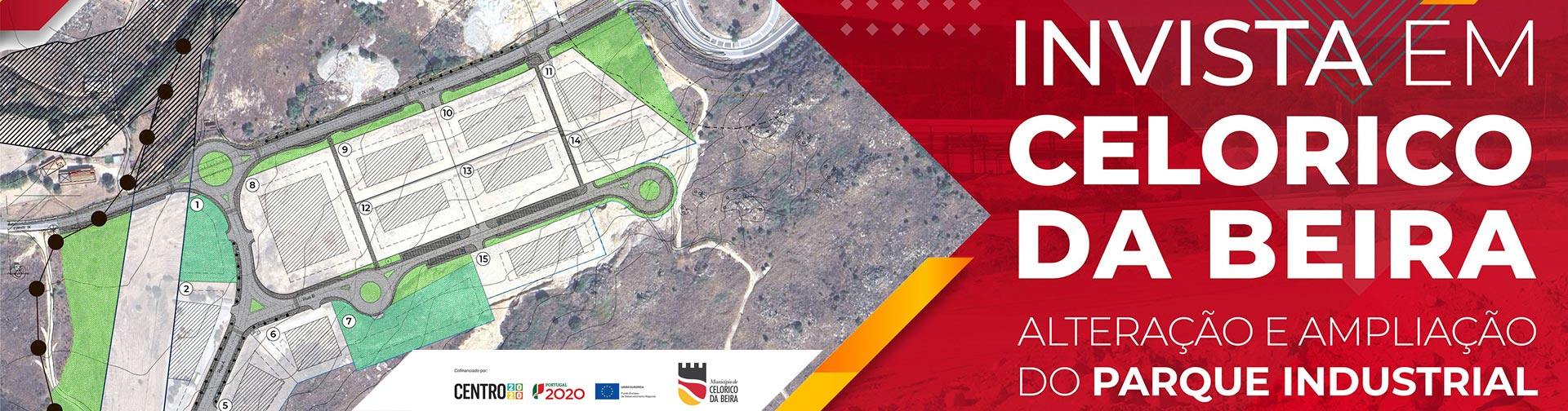 Mapa aéreo do parque industrial com áreas de expansão destacadas em verde e texto promocional sobre investimento