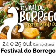 Prato de borrego guisado com legumes verdes, cartaz do Festival do Borrego 24 e 25 outubro em Carrapichana.